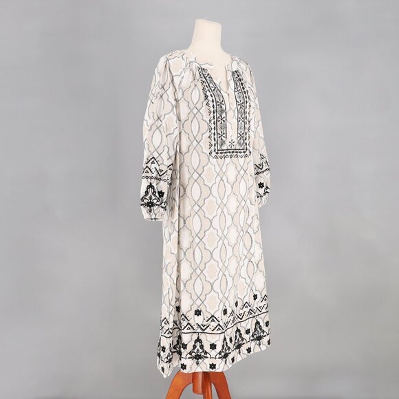 CHICO'S Poplin Embellished A-Line Midi Dress Boho Geo Print Tan Black Size 0/S - Picture 3 of 9